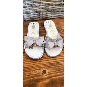 Juicy Couture Rhinestone Bow Slide Sandals Size 8 Beige White Gold Accents